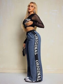SHEIN SXY 女式纯色拼布字母印花休闲牛仔裤 - 藍色 - 查看 6