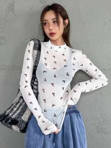 DAZY Women's Bow Print Mock Neck Fitted Sheer Blouse, White, Spring/Summer/Autumn