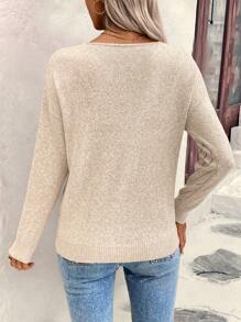 EMERY ROSE Women's Loose Casual Hollow Geometric Texture V-Neck Sweater Knit Pullover Fall Winter Sweater - Apricot - View 2