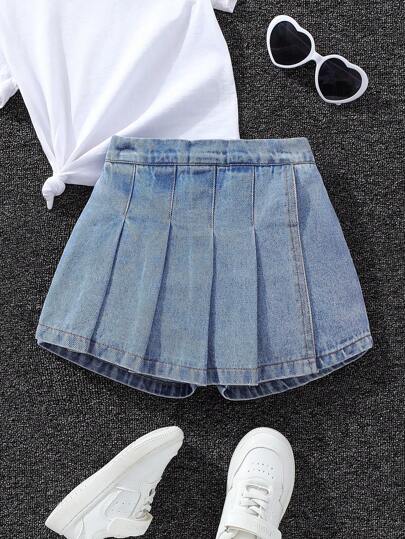 SHEIN Explorewe YOUNG GIRLS Casual Pleated Culotte Shorts. Comfortable Denim Wash Waist Versatile Culottes, School, Campus, College Summer Holiday