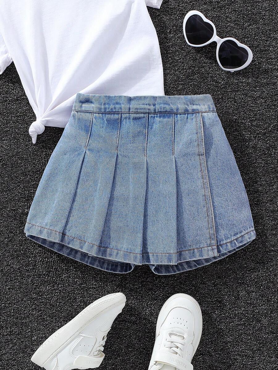 SHEIN Explorewe 年轻女孩休闲时尚褶皱裤裙短裤。舒适牛仔水洗腰百搭裤裙