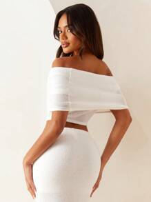 Athîral Women Knit Off Shoulder Crop Top And Long Bodycon Skirt 2 Pieces Outfit, Solid White Color, Stylish Valentine