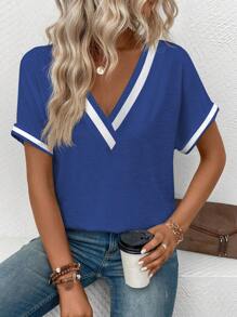 SHEIN LUNE Women Casual Contrast Color Trim Batwing Sleeve T-Shirt