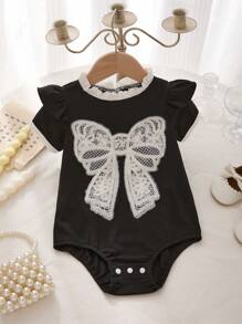 Bodys de encaje blanco con lazo y mangas cortas para bebé niña, conjunto a juego de mamá e hija (2 piezas se venden por separado) - Negro - Ver 3