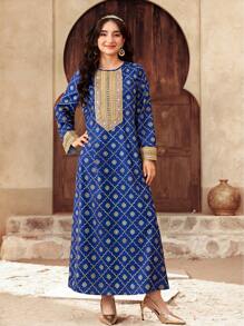 SHEIN Teen Girl Black & Gold Elegant Luxury Long Dress With Gold Ribbon & Mesh Cardigan 2 Pieces Set - Black - View 7