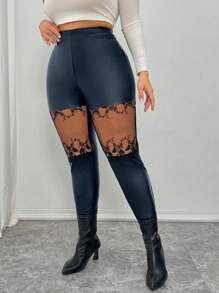 SHEIN Unity Plus Size Lace Patchwork Elastic Casual Slim Fit Leggings - Navy Blue - View 7