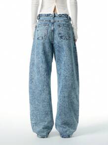 LYSMO Front Button Pocket Denim Simple Casual Vintage Tie Dye Print Wide Leg Pants For Fall And Winter - Light Wash - View 3