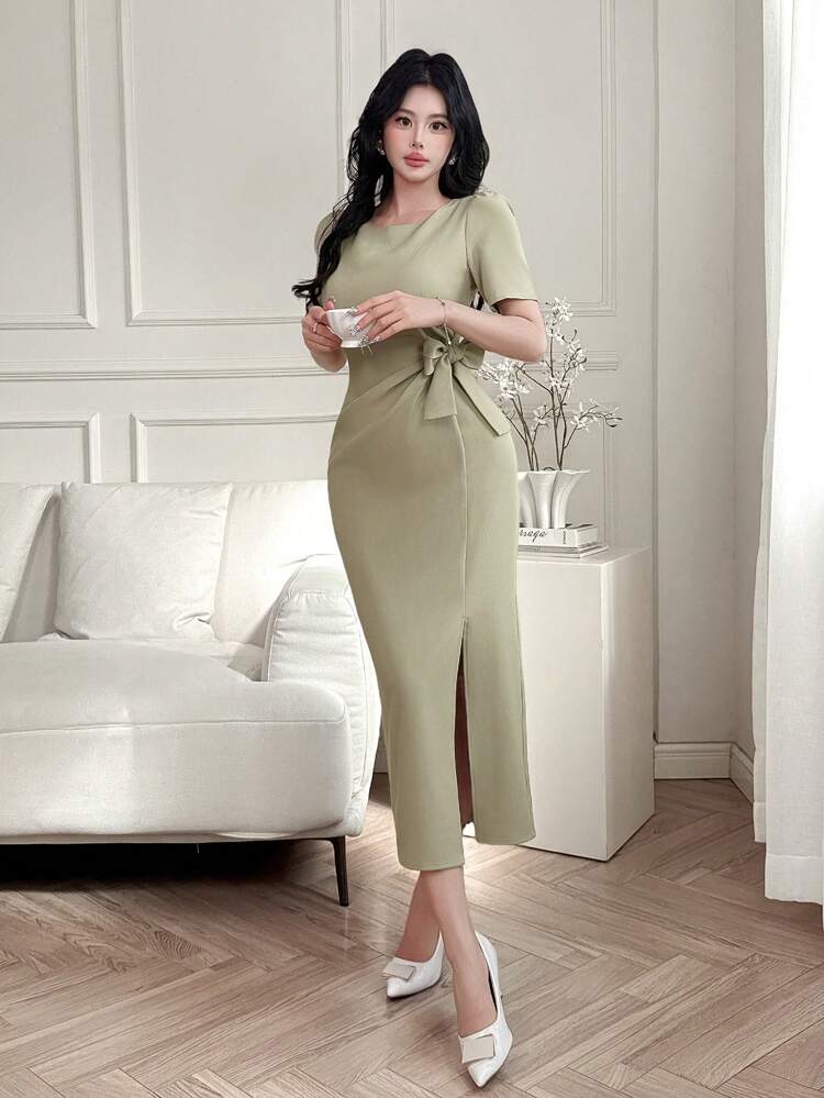 Summer Commuter Dress For Women With Bow Decor And Front Slit Pleats Sundress Maxi Dress