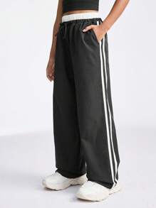 SHEIN Tween Girls Fall/Winter Daily Wear/Back To School/Basic Knit Banded Texture Decoration Sport Wide Leg Sweatpants