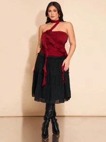 SHEIN BAE Top pentru femei plus size, cu imprimeu floral 3D/în relief, trandafir, cu guler lung, potrivit pentru sărbători, Ziua Îndrăgostiților, întâlniri romantice, San Valentin, Paște, cadouri de Ziua Îndrăgostiților, mulat, simplu, Paște occidental, haine de primăvară, Y2K, modă, festivaluri de muzică