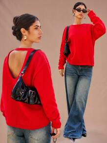 Forever 21 秋冬女士毛衣派对女士情人节圆领可爱服装趣味新年派对女士长袖 Y2k 服装街头时尚女士针织女士毛衣红色女士毛衣 - 紅色 - 查看 5