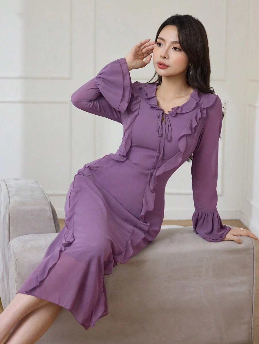 Modelyn Women's Flare Sleeve Chiffon Ruffle Hem Fitted Dress Long Evening Dresses - Purple - View 1