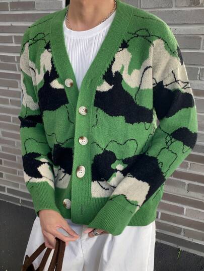 Claim Dot Cardigan informal para hombre con diseño de color en bloque, para otoño/invierno