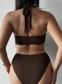 Swim SXY Women's New Ribbed Sling Halter Neck Tie-Front Bikini Set Summer