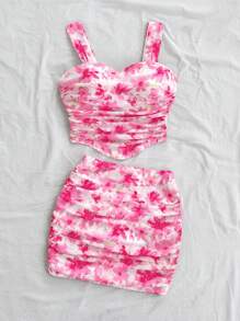 Soleia Women Pink Tie Dye Ditsy Floral Bodycon Camisole And Mini Skirt Two-Piece Set, Suitable For Vacation, Date, Afternoon Tea, Party Valentine's Day