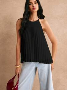 Poéselle Solid Pleated Halter Top - Black - View 2