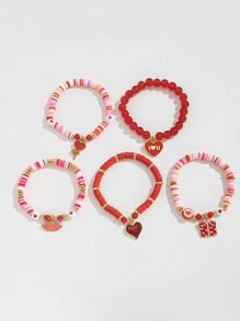 ROMWE Kawaii 5pcs Fashionable Y2K Cute Heart Pendant Polymer Clay Bracelet Set, Gift For Family & Friends On Valentine's Day,Mom,Mother,Mother's Day,Gift