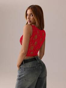 SHEIN SXY Rode topjes; Lente- en zomerkleding voor dames; Kanten topjes; Zwarte mesh doorschijnende kant jacquard dames sexy party tanktop