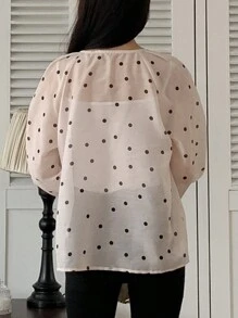 DAZY Polka Dot Long Sleeve Round Neck Drawstring Bowknot Decor Women's Blouse, Summer,Fall Clothes