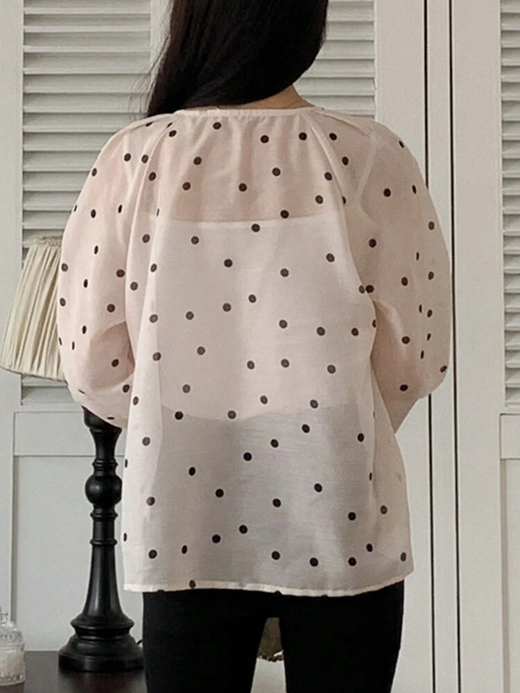 Polka Dot Long Sleeve Round Neck Drawstring Bowknot Decor Women's Blouse, Summer,Fall Clothes