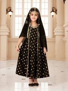Young Girls' Abaya Kaftan Jalabiya Tunic, Elegant & Arabic Ramadan Festival Dress With Glitter Polka Dots, Tassels Headscarf, Floor-Length Dress - Multicolor - View 3