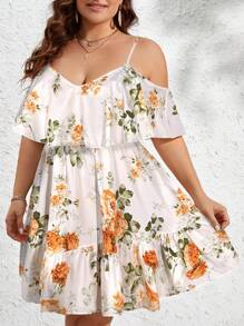 SHEIN VCAY Plus Size Women Boho Floral Print Cold Shoulder Ruffle Trim Casual Dress For Vacation, For Summer - Orange - View 4