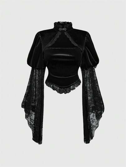 ROMWE Goth Women's Elegant Palace Style Stand Collar Bell Sleeve Velvet & Lace Patchwork Blouse