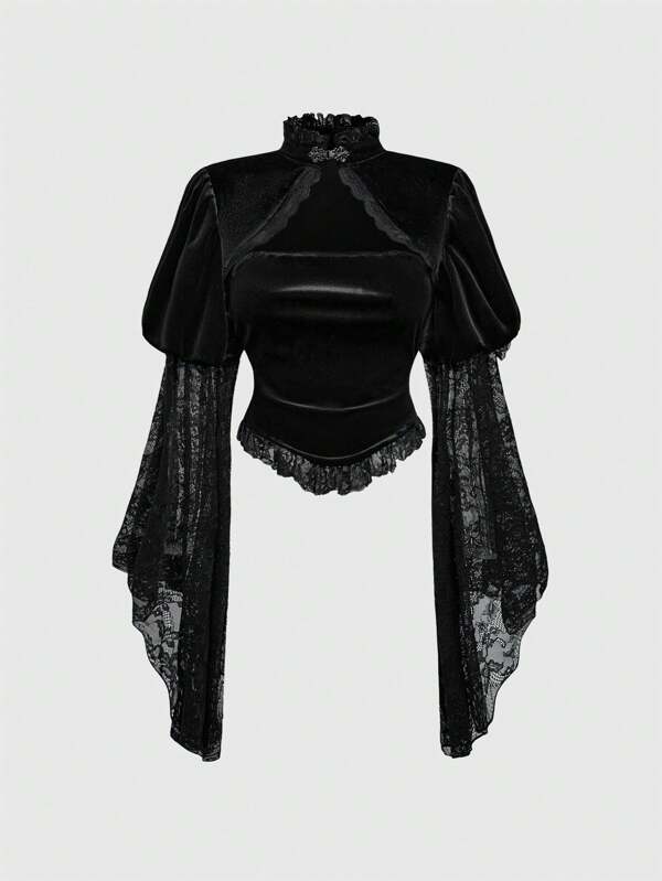 ROMWE Goth Women's Elegant Palace Style Stand Collar Bell Sleeve Velvet & Lace Patchwork Blouse