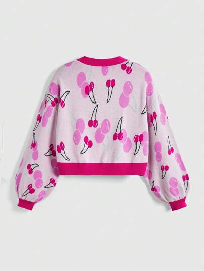 Kawaii Cárdigan colorblock ligero con estampado de cerezas lindo y cuello en V casual para mujeres, estilo vintage de San Valentín