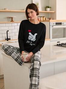 EURMUSE Valentine's Day Couple Contrast Colour Printed Shirt And Plaid Pattern Bottom Homewear Set - Black and White - View 4