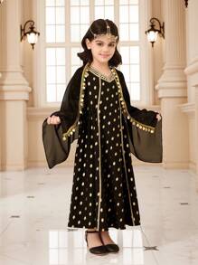 Young Girls' Abaya Kaftan Jalabiya Tunic, Elegant & Arabic Ramadan Festival Dress With Glitter Polka Dots, Tassels Headscarf, Floor-Length Dress - Multicolor - View 5