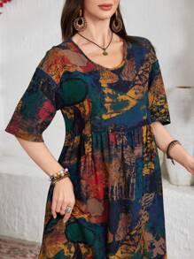 Lacomfia Crew Neck Short Sleeve Pleated Minimalist Maxi Arabic Style Casual Dress,Modest - Multicolor - View 5