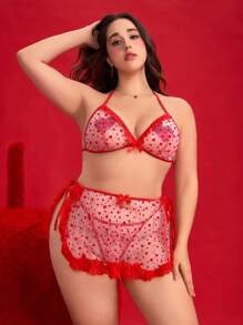 ROMWE Plus Size Romantic Valentine's Day Lace Patchwork Bow Sexy Open Front Lingerie Set - Red - View 4