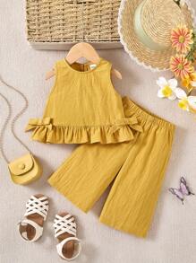 Baby Girl Cute Solid Color Ruffle Hem Camisole & Pants 2Pcs Suit, Summer