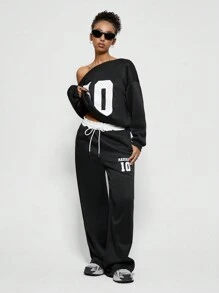 Coolane 女孩冬季 Y2K 学院风日常穿着数字印花保暖不对称领口长袖运动衫和白色松紧腰带阔腿运动裤