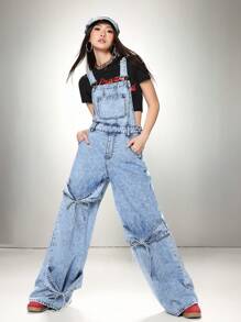 SHEIN EZwear Women's Denim Bib Pants And Jumpsuit, Casual Slim Fit Bib Straight Leg Long Pants, Valentines Bow Jumpsuit - Medium Wash - View 1