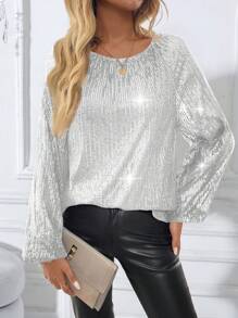 EMERY ROSE 女士圆领长袖宽松奢华亮片派对衬衫 - 銀色 - 查看 6