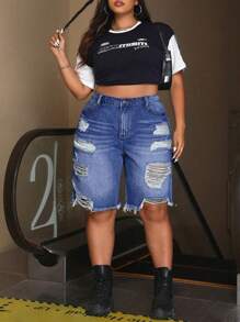 SHEIN CURVE+ Plus Size Casual Denim Shorts, Fashionable Everyday Wear