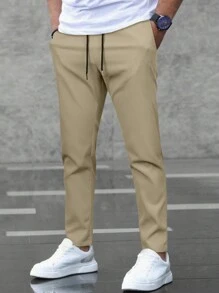 Manfinity Homme Men's Solid Color Casual Simple Fashion Trousers, Daily Wear, Fall - Khaki - View 3