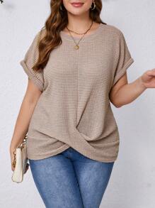 SHEIN Clasi Women Plus Size Summer Solid Color Crew Neck Batwing Sleeve Knot Hem Waffle Casual T-Shirt