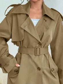 SHEIN Unity Long Red Silhouette Fashion Casual Loose Style Trench Coat - Khaki - View 4