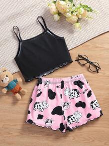 SHEIN Young Girl Cute Cow Pattern Casual Home Wear, Pink - Pink - View 2