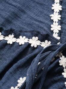 DAZY Women's Color Block Lace Trim Loose Long Sleeve Drawstring V-Neck Vacation Blouse Top,Fall Clothes - Blue - View 8