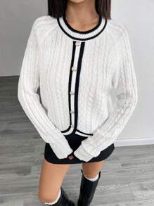 Chiquease Women's Elegant Crew Neck Multi Texture Colorblock Metal Button Pullover Sweater Knit Pullover Fall Winter - White - View 6