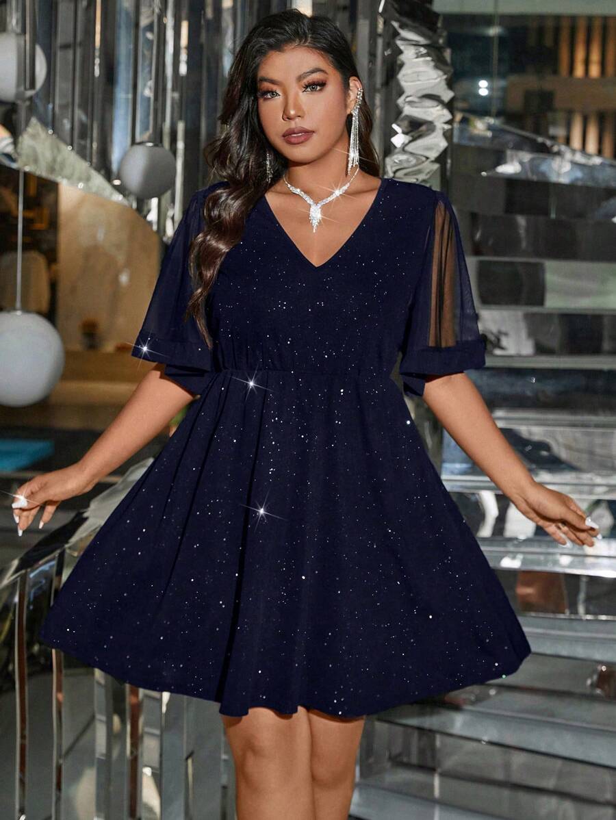 SHEIN Clasi 大码女式闪亮 V 领网眼短袖奢华时尚迷你连衣裙