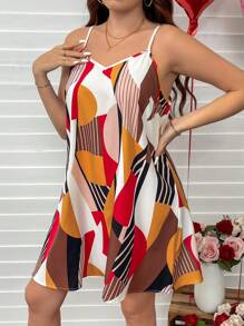 SHEIN LUNE Plus Size Colorful Geometric Pattern A-Line Slip Dress, For Summer - Red - View 6
