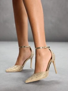 CUCCOO SZL Women's Fashionable Gold Full Rhinestone Ankle Strap Pointed Toe Stiletto High Heel Shoes, Suitable For Dating, Gathering, Holidays, Party Spring Shoes Spring Break Easter For Christmas Spring Shoes - Gold - View 8