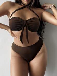 Swim SXY Women's New Ribbed Sling Halter Neck Tie-Front Bikini Set Summer