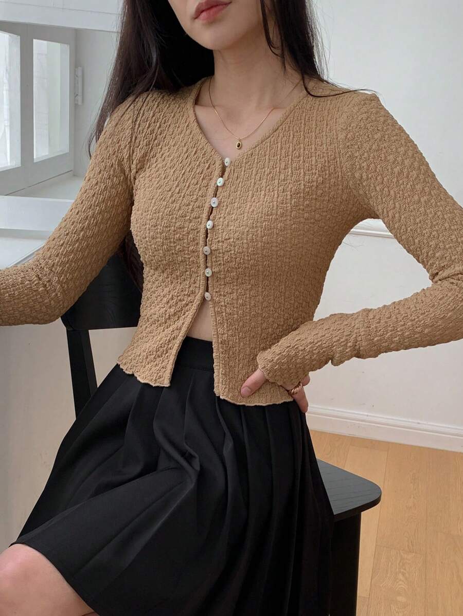 DAZY Solid Color Textured Long Sleeve V-Neck Elegant Resort Blouse For Women, Spring/Summer,Fall Clothes