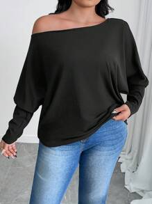 SHEIN EZwear Plus Size Slouchy Asymmetric Neck Ruched Loose T-Shirt - Black - View 3